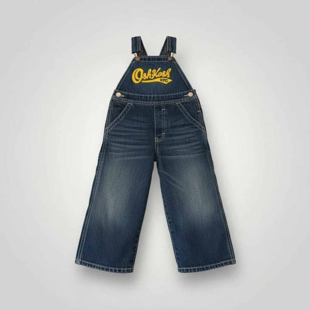 OshKosh Denim Overalls Toddler 2T Blue Embroidered Yellow Logo Classic Playwear